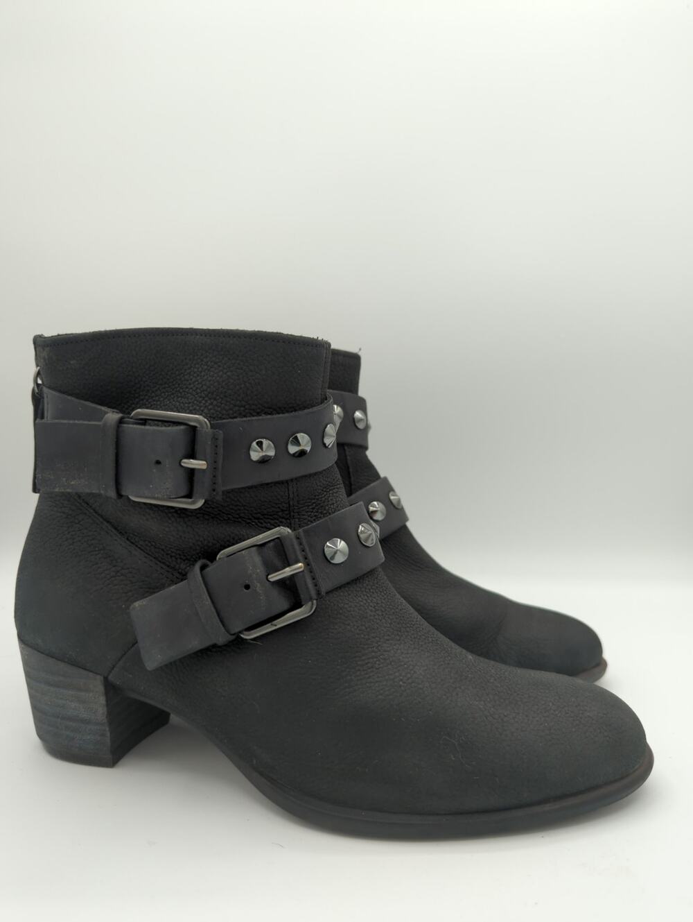 Ecco Black Heeled Leather Boot with Studded Straps Size 5.5